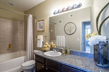 Bathroom mirror with light at Grand Villas at Cinco Ranch, Katy, TX